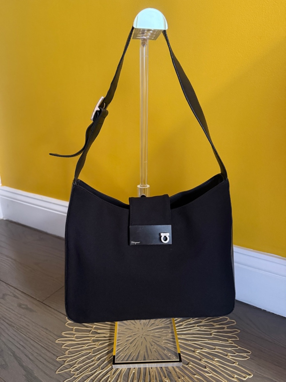Salvatore Ferragamo Gancini Black Shoulder Bag with Silver Hardware Vintage